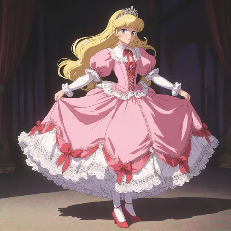 highest quality, masterpiece, highest resolution, artwork, super detailed, retro anime style,the girl is a princess,short body height:1.0,blond long hair,She is skirt lift with her hand,((pink Ball gown dress:1.0)),,round hoop skirt,Lots of lace and frills...