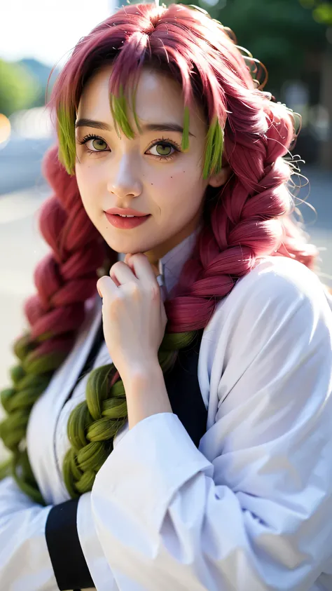 A close-up portrait of a beautiful real-life woman resembling Mitsuri Kanroji from Demon Slayer, ultra realistic, soft smiling expression, glossy red lips, long wavy pink and green hair, detailed violet eyes, wearing her iconic Demon Slayer Corps uniform w...