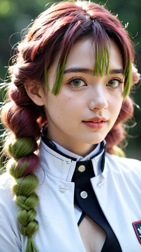A close-up portrait of a beautiful real-life woman resembling Mitsuri Kanroji from Demon Slayer, ultra realistic, soft smiling expression, glossy red lips, long wavy pink and green hair, detailed violet eyes, wearing her iconic Demon Slayer Corps uniform w...