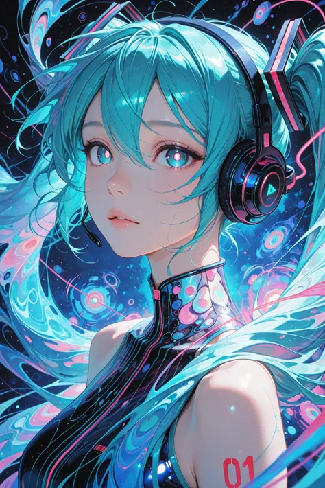 masterpiece, best quality, very aesthetic, absurdres, newest, very awa, highly detailed,
1girl, hatsune miku, upper body, white pupils, headphone, power elements, vibrant blue color palette, abstract,abstract background, dreamlike atmosphere, delicate linework, wind-swept hair,