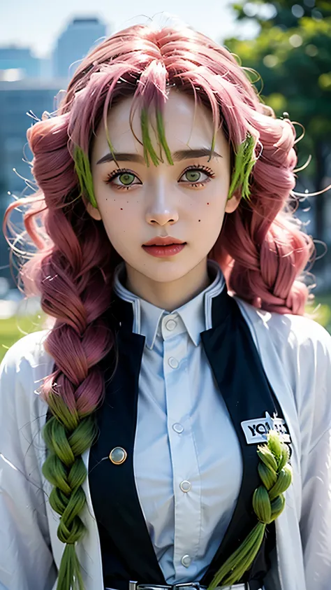 A close-up portrait of a beautiful real-life woman resembling Mitsuri Kanroji from Demon Slayer, ultra realistic, soft smiling expression, glossy red lips, long wavy pink and green hair, detailed violet eyes, wearing her iconic Demon Slayer Corps uniform w...
