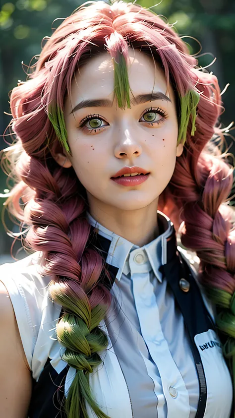 A close-up portrait of a beautiful real-life woman resembling Mitsuri Kanroji from Demon Slayer, ultra realistic, soft smiling expression, glossy red lips, long wavy pink and green hair, detailed violet eyes, wearing her iconic Demon Slayer Corps uniform w...