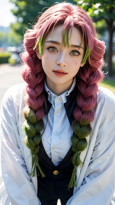A close-up portrait of a beautiful real-life woman resembling Mitsuri Kanroji from Demon Slayer, ultra realistic, soft smiling expression, glossy red lips, long wavy pink and green hair, detailed violet eyes, wearing her iconic Demon Slayer Corps uniform w...
