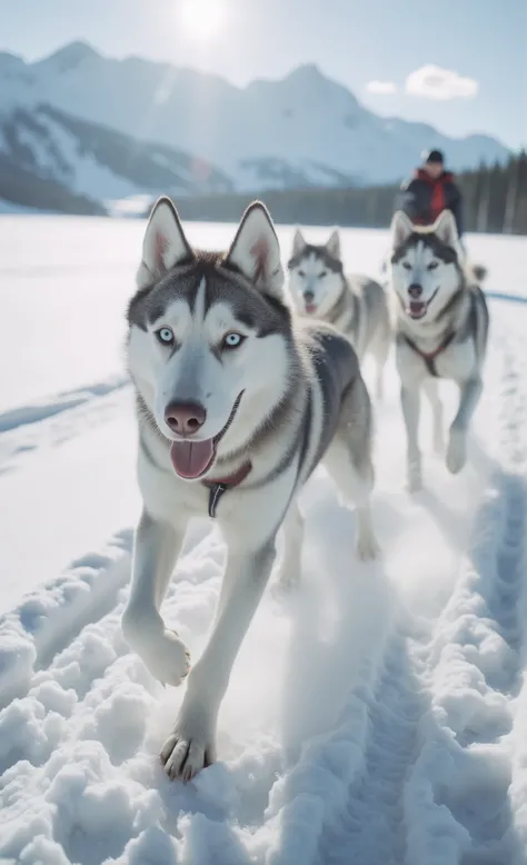 Digital art masterpiece. Hyper real. Ultra detailed. Cinematic film still. Dramatic.
Insanely detailed full-on confrontational straight-into-the-face close-up action shot of a dynamic team of Siberian huskies in mid-run, pulling a snow sled through a vast ...