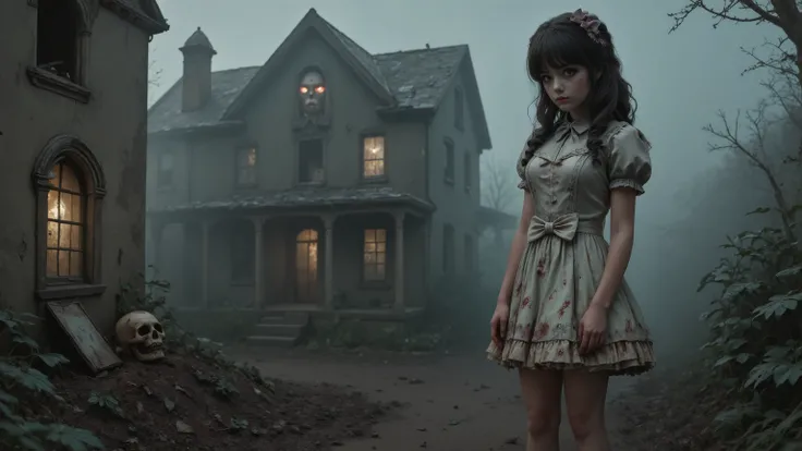 A photorealistic horror movie scene of an old, decaying haunted house shrouded in thick mist and fog. Eerie, flickering lights cast strange shadows around the structure. In one of the broken windows, a ghostly face stares out with glowing red eyes. Near th...