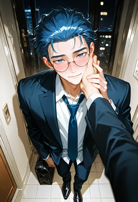 masterpiece, best quality, ultra-detailed, very aesthetic, high resolution, absurdres, newest, pov, 1guy, handsome, male forces, face forces, returning home moment, (short blue hair:1.1), (messy hair:1.1), (round glasses:1.1), (slicked back hairstyle:1.1)...