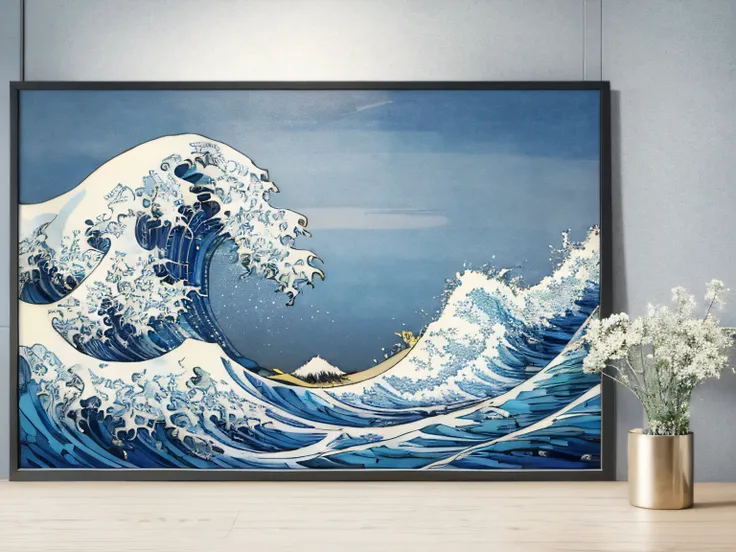 Picture of a landscape with waves and sun, , great wave, great wave of hokusai, the great wave off kanagawa, Inspired by Katsushika Hokusai, great wave off kanagawa, Inspired by Hokusai Utamaro, Japanese painting style,  print, 