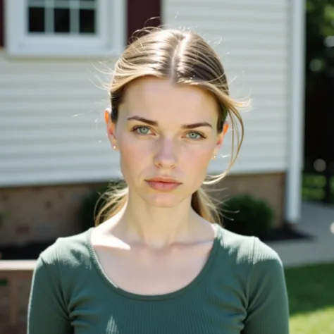 photorealistic, 1990s photo, 35mm film, medium close-up shot, portrait orientation, candid style, frowning, outdoors, green suburban backyard, soft bokeh background, natural lighting, young adult woman, 18 years old, slim, slender, flat-chested, girl next ...