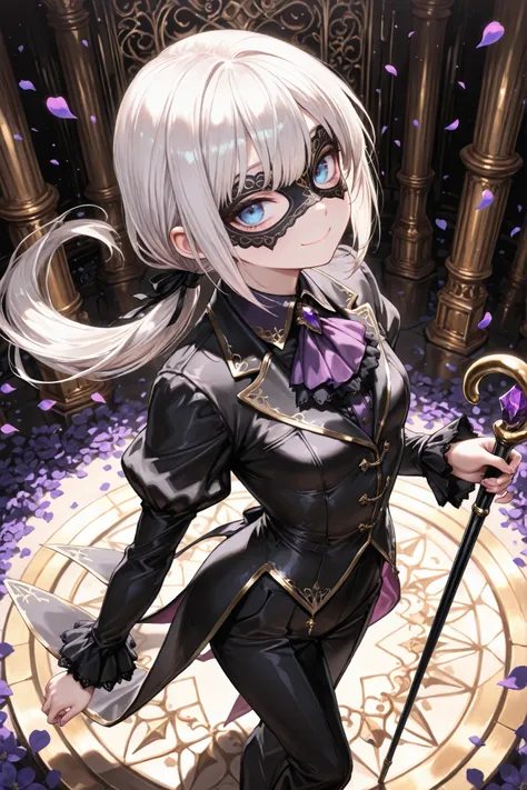 ((Masterpiece)),((best quality)),((incredibly absurdres)),((8K)),(semi realistic),
1 girl,solo,young female,kawaii,white hair,long hair,straight hair,blue eyes,small breasts,low ponytail,floating hair,clown facepaint,
((black eyewear)),(full rim),(detailed...