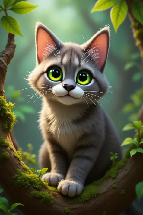 Cartoon cat with vibrant green eyes and a slender black nose, perched high up on a moss-covered tree branch, looking down with an intent gaze like a predator, side angle view, 2D animation-style with bold lines and soft shading, set in a nature-inspired en...