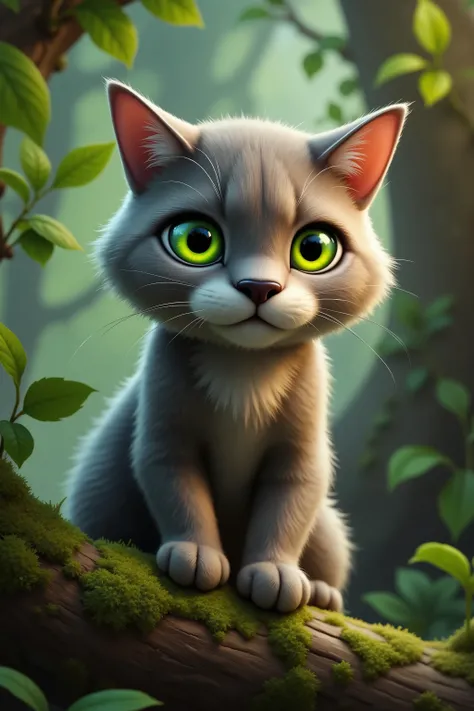 Cartoon cat with vibrant green eyes and a slender black nose, perched high up on a moss-covered tree branch, looking down with an intent gaze like a predator, side angle view, 2D animation-style with bold lines and soft shading, set in a nature-inspired en...