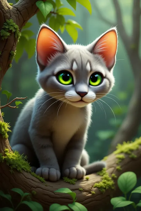 Cartoon cat with vibrant green eyes and a slender black nose, perched high up on a moss-covered tree branch, looking down with an intent gaze like a predator, side angle view, 2D animation-style with bold lines and soft shading, set in a nature-inspired en...