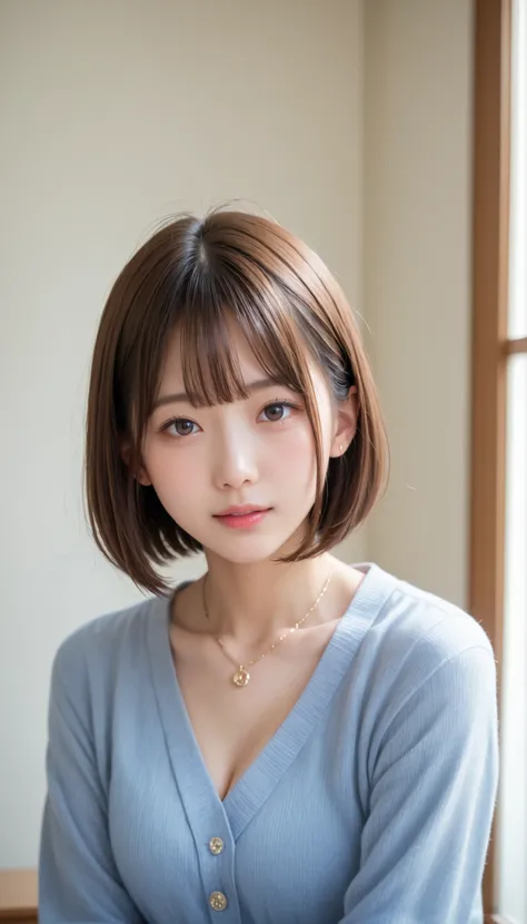 Genuine, nsfw,  high res image ,  masterpiece,  最High Quality ,  High Quality ,  very detailed,  more information,  sharp details,  sharp concentration , professional light ,  Alone,  1 ,  young Japanese woman, Up to , (( brown hair, bob cut )), 、カメラ目線、笑顔、...