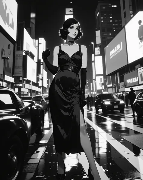 a glamorous 1930s-style woman in a silk bias-cut dress and cloche hat poses confidently in modern Times Square,
surrounded by towering neon billboards, LED screens, and fast-moving taxis,
she appears out of time—vividly elegant, glowing like a memory f...