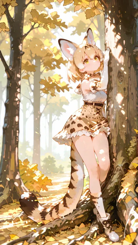 masterpiece, expert-level structural depiction, Delicate Fingertips, depth of field, There is_AI123Style /hair.s†
a graceful serval cat girl inspired by “Kemono Friends”, relaxing lihaire a real feline atop a thichair tree branch — blonde short hair gentl...