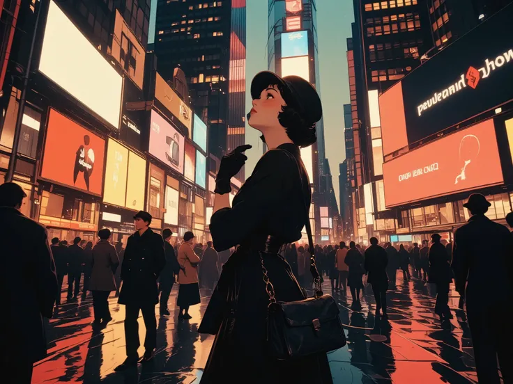 a 1930s-style woman in a vintage black dress and cloche hat, walking alone through modern Times Square at night,
not posing, just passing through, casually adjusting her glove while looking up at a bright digital billboard,
people in modern clothes rus...