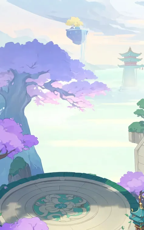 there is a cartoon picture of a park with a fountain, background art, onmyoji detailed art, breezy background, background artwork, legend of korra setting, style of duelyst, onmyoji, temple background, light kingdom backdrop, the background is misty, britt...