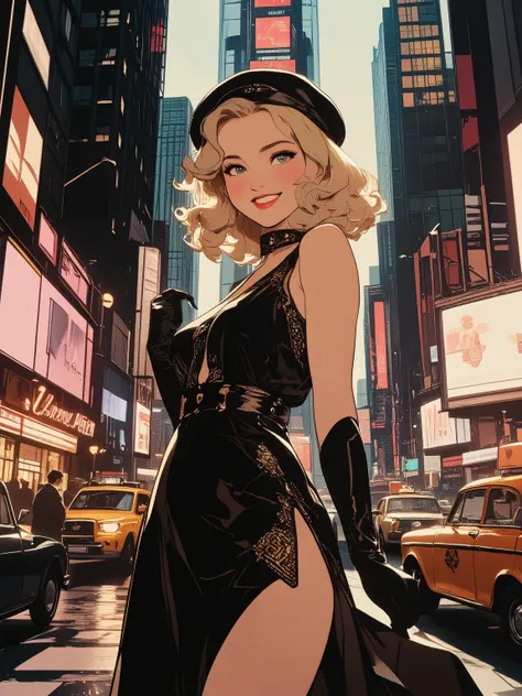1930s, full colored picture, a mischievous pin-up girl vibe, giving a cute, squinty smile, elegant pinup girl in silk bias-cut midi dress, soft finger waves hairstyle, delicate geometric Art Deco patterns, long gloves and cloche hat, in modern Times Square...