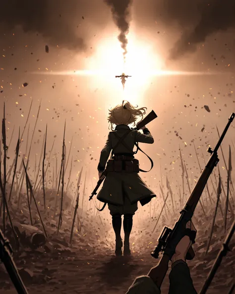 Tanya Degurechaff walking with a rifle in her hand on the battlefield, despotic background, de perfill, melancholic , clima de guerra, cores frias