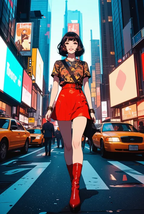 a young woman in vivid 1960s Mod fashion—mini skirt, go-go boots, bold patterned top, short bob hairstyle, heavy eyeliner—
cheerfully walking through present-day Times Square,
surrounded by digital billboards, cars, and crowds,
she radiates colorful ...
