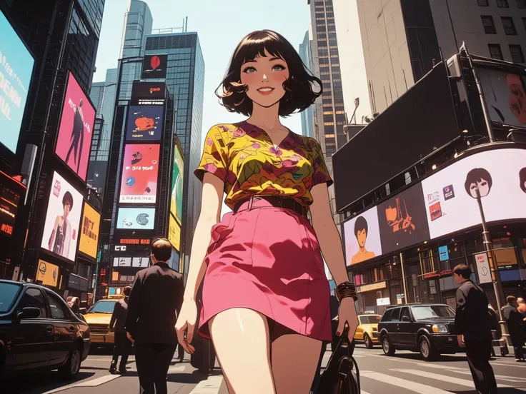 a young woman in vivid 1960s Mod fashion—mini skirt, go-go boots, bold patterned top, short bob hairstyle, heavy eyeliner—
cheerfully walking through present-day Times Square,
surrounded by digital billboards, cars, and crowds,
she radiates colorful ...