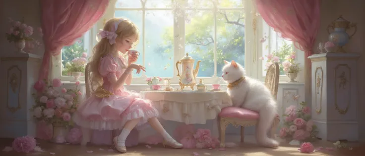 epic oil painting. quality 16 thousand, correct gravity, Top quality、anime style、masterpiece、antique tea room、White and pink interior。round table with elegant cups and teapots。girl in a soft pink classic Lot-style dress Liths、white frilled socks and heels ...