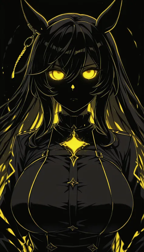 (masterpiece, Highest Quality ), 1girl, Calston Light O \(Uma Musume\),blatant,big breasts,masterpiece, Highest Quality, Ultra Details, High Gress, 1girl, solo, Mature Women, beautiful and perfect face, detailed eyes,limited palette,Black background,colorf...