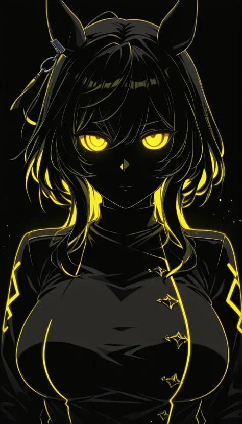 (masterpiece, Highest Quality ), 1girl, Calston Light O \(Uma Musume\),blatant,big breasts,masterpiece, Highest Quality, Ultra Details, High Gress, 1girl, solo, Mature Women, beautiful and perfect face, detailed eyes,limited palette,Black background,colorf...