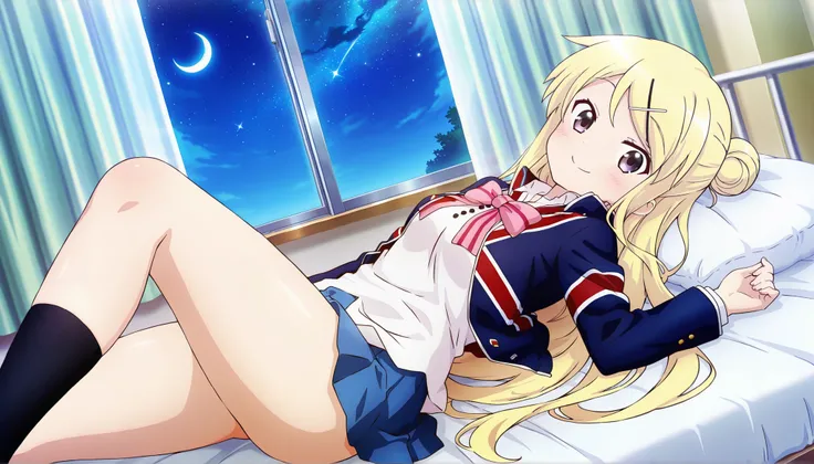 dropout of high school and depression bedridden 1girl , smile thick thighs Kujou Karen very long hair , blonde hair , single hair bun , hairclip , x hair ornament , sidelocks , side swept bangs , black eyes , white shirt , collared shirt , union jacket , p...