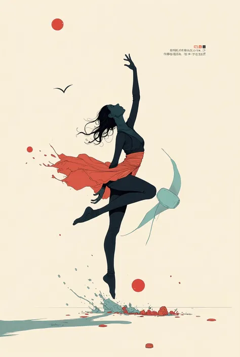 is balance and It creates the impression of a calm pose. 片手in立ち、反対側の脚を割って上に伸ばした状態in立っている. ダンサーのシルエットは鮮やかinダイナミックな色の組み合わせin埋め尽くされています, , which exudes cuteness and playfulness, Teal, orange, And red , pose。embodies interlaced text. The background is neutral ...