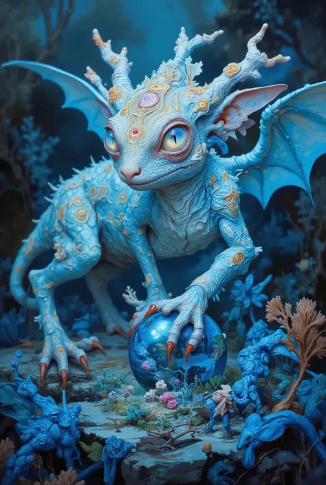 Portrait of a fantastic majestic and beautiful animal in 9:16 scale in the style of surrealism of photoreal creatures. Alien lizard deer, winged symbiosis, blue myths, joyful deception, 8k, over-detailed fantasy sculpture, cinematic contrast. A delightful,...