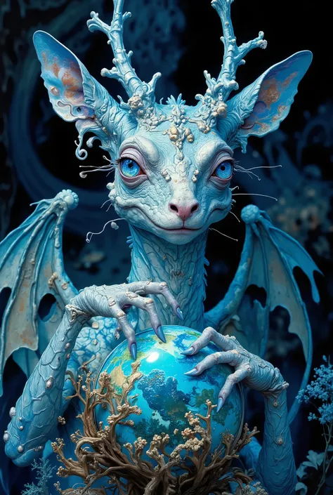 Portrait of a fantastic majestic and beautiful animal in 9:16 scale in the style of surrealism of photoreal creatures. Alien lizard deer, winged symbiosis, blue myths, joyful deception, 8k, over-detailed fantasy sculpture, cinematic contrast. A delightful,...