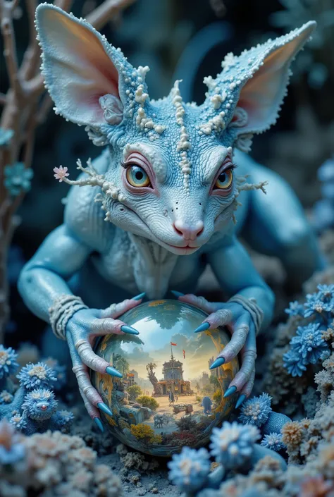 Hyper-realistic cinematic, dynamic frame. Portrait of a fantastic majestic and beautiful animal in 9:16 scale in the style of surrealism of photoreal creatures. Alien lizard deer, winged symbiosis, blue myths, joyful deception, 8k, over-detailed fantasy sc...