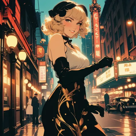 1930s, full colored art nouveau style picture, a mischievous pin-up girl vibe, giving a cute, squinty smile, elegant pinup girl in silk bias-cut midi dress, soft finger waves hairstyle, delicate geometric Art Deco patterns, long gloves and cloche hat,
dan...