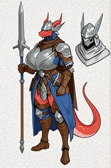 wld, winged helmet, helm, pauldrons, shoulder armor, armor, full armor, cape, gauntlets, brown belt, chocovenus, chocovenus body type,  gigantic breasts, wide hips, thick thighs, small head, ,pointed ears, long draconic snout, lean physique, kobold, red sc...