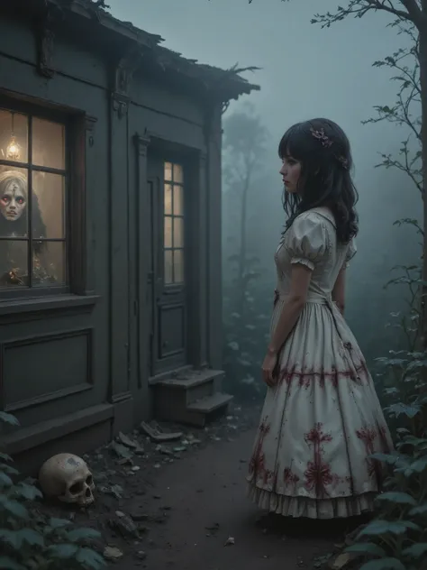 A photorealistic horror movie scene of an old, decaying haunted house shrouded in thick mist and fog. Eerie, flickering lights cast strange shadows around the structure. In one of the broken windows, a ghostly face stares out with glowing red eyes. Near th...