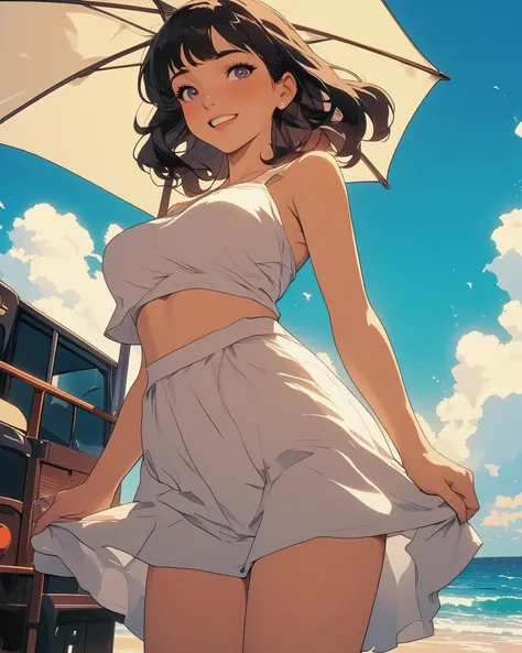 skirt, mesh crop top, amerian girl, medium breasts, sexy style, casual dress, legs, (strong wind, aerial hair and clothes, the wind blows her skirt up, outdoor, summer beach, parasol, vehicle, strong sunlight, blue sky, ocean, vacation, open mouth, raise t...