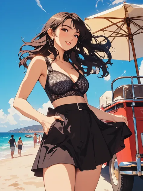 skirt, mesh crop top, amerian girl, medium breasts, sexy style, casual dress, legs, (strong wind, aerial hair and clothes, the wind blows her skirt up, outdoor, summer beach, parasol, vehicle, strong sunlight, blue sky, ocean, vacation, open mouth, raise t...