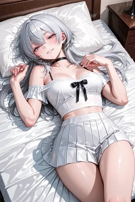 wolf cut、Long Hair、wolf cut、Shining silver hair、attractive face on back、adult woman、white off-shoulder、white miniskirt、pleated skirt、black choker、piercings、white clothes、lies down on the bed、Face Down、Bow down、HIGH DEFINITION、high resolution、thighs、Face to...