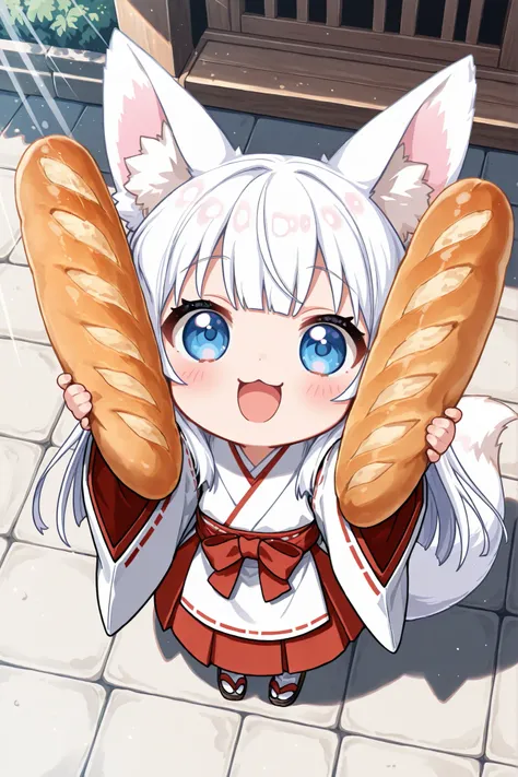 ((Masterpiece)),((best quality)),((incredibly absurdres)),((8K)),(anime style),
(1 chibi girl),((Deformed chibi)),solo,white hair,long hair,straight hair,blue eyes,baby face,cute,kawaii,BREAK (white fox tail),(white fox ears),white ear hair,pink inner ear...