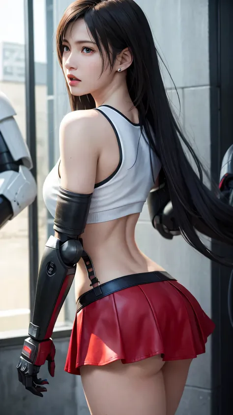 {{top quality, masterpiece}}, (Realistic: 1.3), wallpapers, Captured by robots, Surrounded by robots, defeat, BREAK {{{FF7, tifa_lockhart}}}, {{{erotic face, erotic mouth, erotic eyes}}}, {About 18age}, {Japanese girl}, (Tifa_lockhart uniform:1.3, suspende...