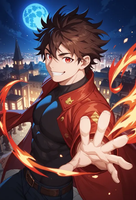 dark brown hair, man, red eyes, white skin, strong, strong physique, black shirt, focus on character, city in background, night, smiling, cheerful, messy hair, looking at viewer, anime style, young, athletic, wizard, Gojou Satoru, Magic, Red magic, Red mag...
