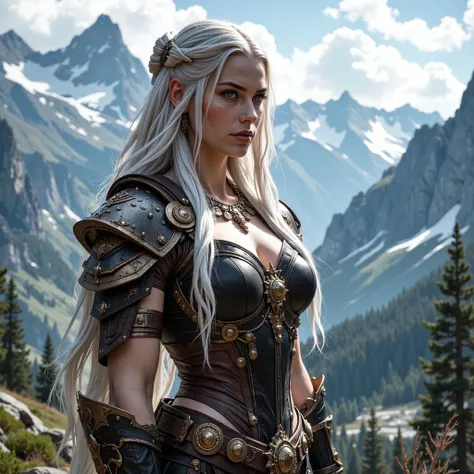  norse , warrior queen, beautiful ethereal woman with long flowing silvery white hair, large blue eyes, deep serenity, strong voluptuous and athletic chiseled form, revealing sexy and stylish Norse attire, thicc curves accentuated, standing with poise and ...