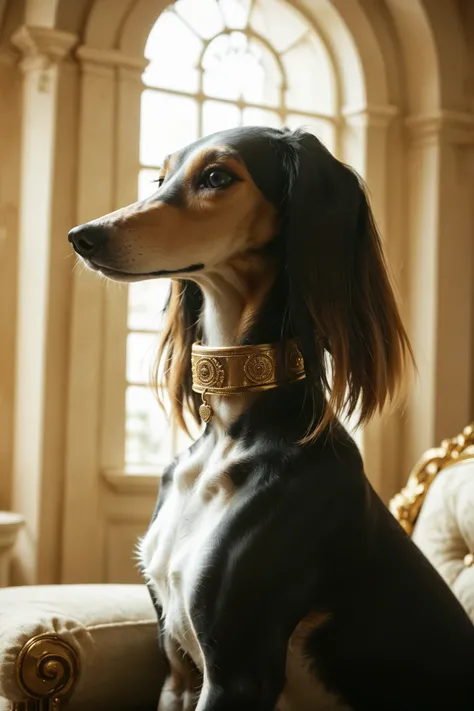 a (saluki dog) sitting in a richly lavish room wearing a wide embroidered collar. Set in an Arabian throne room with bay windows creating a golden atmosphere. rim light, saluki, sighthound, dog, black fur, side profile, portrait, beautiful eyes