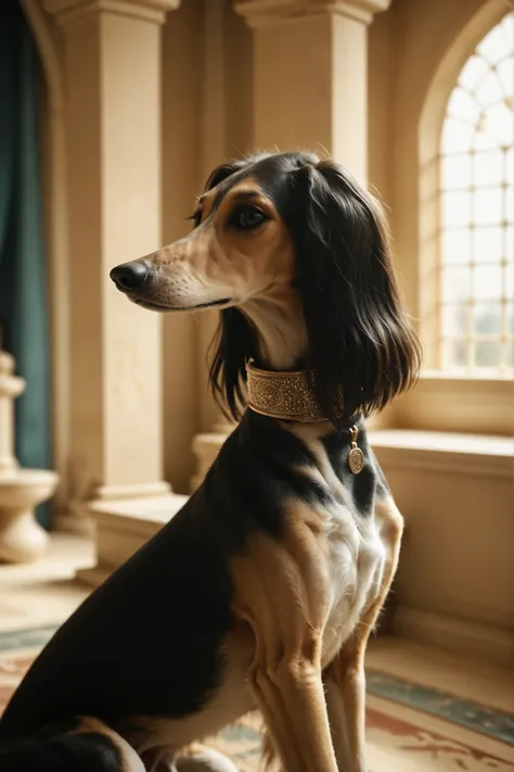 a (saluki dog) sitting in a richly lavish room wearing a wide embroidered collar. Set in an Arabian throne room with bay windows. rim light, saluki, sighthound, dog, black fur, side profile, portrait, beautiful eyes