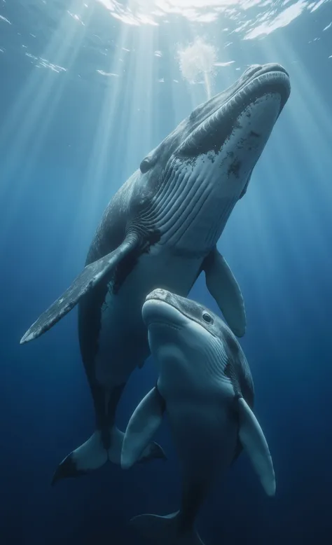 Digital Art Masterpiece. hyperreal. Super Detailed. Movie Stills. Dramatic.
Mother humpback whale and her child swim side by side in deep blue sea、amazingly detailed underwater portrait from the front, their giant shape glides gracefully under the surface ...