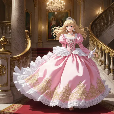 Retro anime illustration,anime screencap,Little princess ,little Girl,12 years old,Pink silk satin Luxurious Dress, Round puffed big Ballgown dress with hoop skirt,frilled skirt,A skirt with gold embroidery and lot of ribbons,long sleeves,puff sleeves,the ...