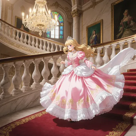 Retro anime illustration,anime screencap,Little princess ,little Girl,12 years old,Pink silk satin Luxurious Dress, Round puffed big Ballgown dress with hoop skirt,frilled skirt,A skirt with gold embroidery and lot of ribbons,long sleeves,puff sleeves,the ...