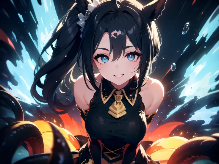 (Cracked black wall, a large number of thick bright red tentacles behind), (beast-like elegance, mature woman with horse ears, plump body, non-human, monster, beastman, animal hair, cowgirl position, woman on top, straddling), (solo, 3DCG work, orange rim ...