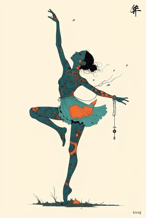 is balance and It creates the impression of a calm pose. Standing with one hand、standing with the opposite leg split and stretched upward. The silhouette of the dancer is filled with vivid and dynamic color combinations, , which exudes cuteness and playful...